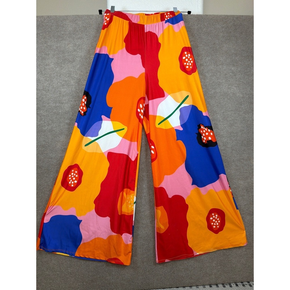 Love Highlight Womens Wide Leg Floral Abstract Pants Orange Red Pink Blue Size M